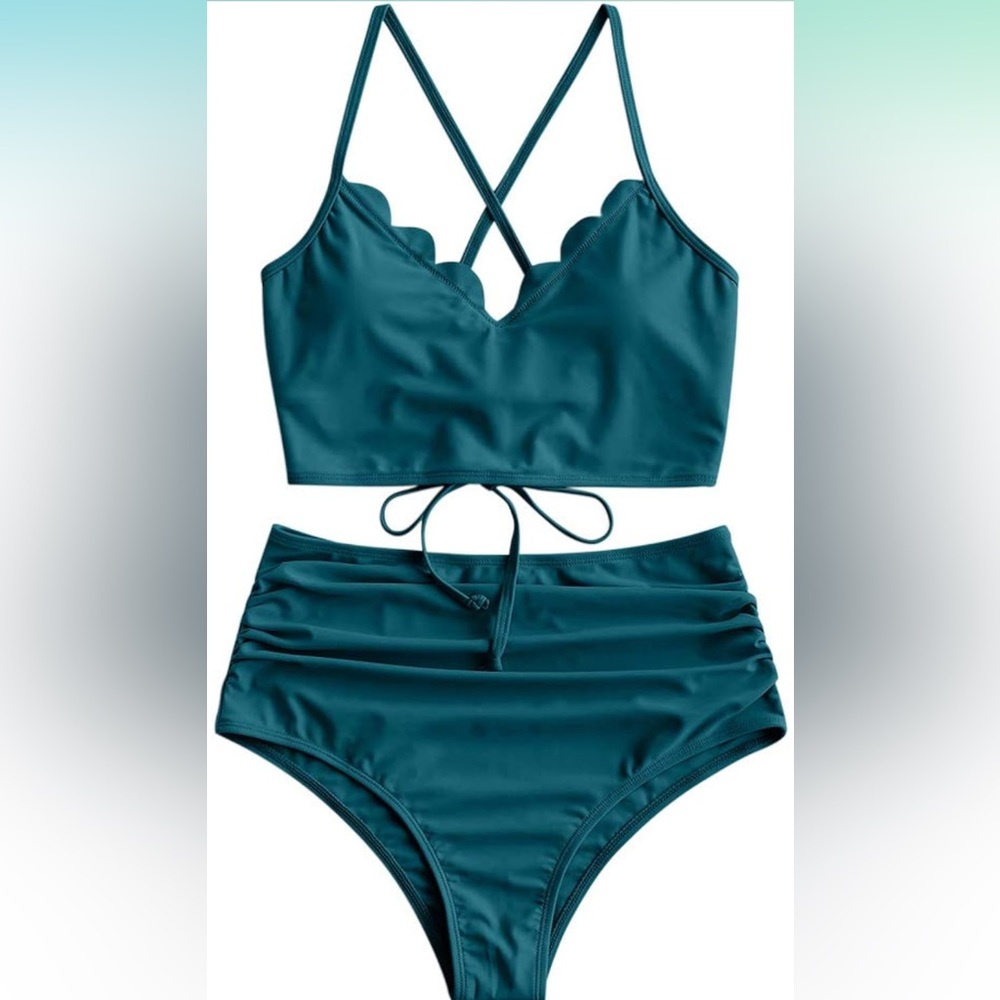 ZAFUL Women's Crisscross Ruched High Waisted Bottom Bikini Set New Size 6